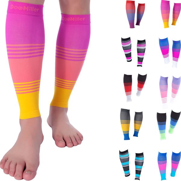 Doc Miller Calf Compression Sleeve Men and Women 20-30 mmHg, Shin Splint Compression Sleeve for Varicose Veins and Maternity 1 Pair ( Pink Peach Yellow, Small)