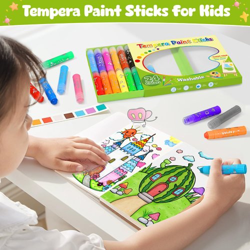 Jumlys 24 Colors Tempera Paint Sticks, Washable Paint Sticks for Kids and Toddlers, Perfect Art and Craft Supplies for Painting and Coloring, Suitable for Paper, Canvas and Stone