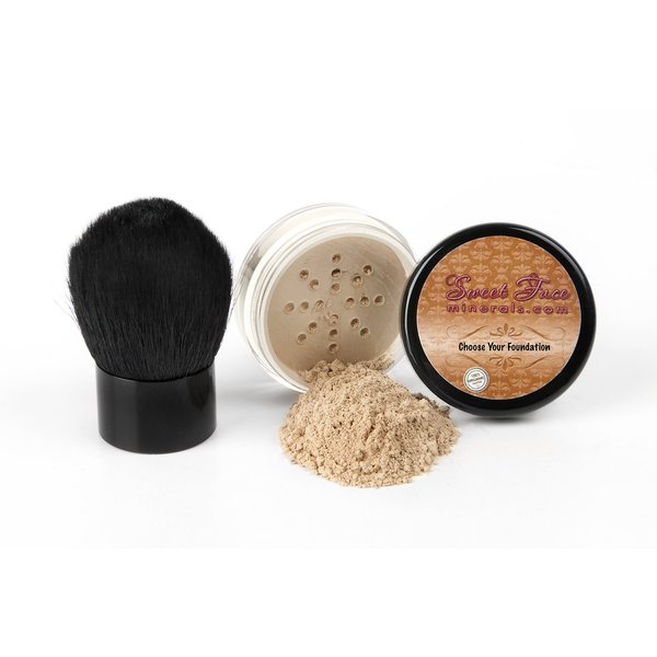 2pc FOUNDATION with KABUKI BRUSH Mineral Makeup (BEIGE) Matte Loose Powder Bare Face Cosmetics Full Coverage Long Lasting All Skin Types SPF 18
