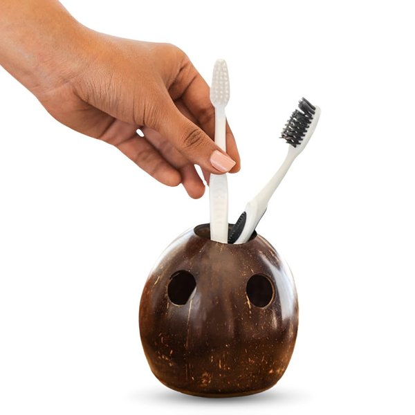 HOME INFINIX ECO-Friendly Coconut Shell Toothbrush Holder - Handmade Natural Bathroom Organizer Toothpaste Holder for Electric Toothbrushes, Razors, Pens - Sustainable for Bathroom Home & Office