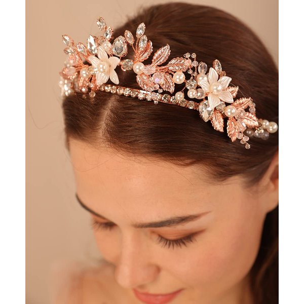 Xerling Bridal Flower Crown Tiara Rose Gold Leaf Headband Rhinestones Headpieces for Women Girls Hair Accessories Wedding Prom (Rose Gold)