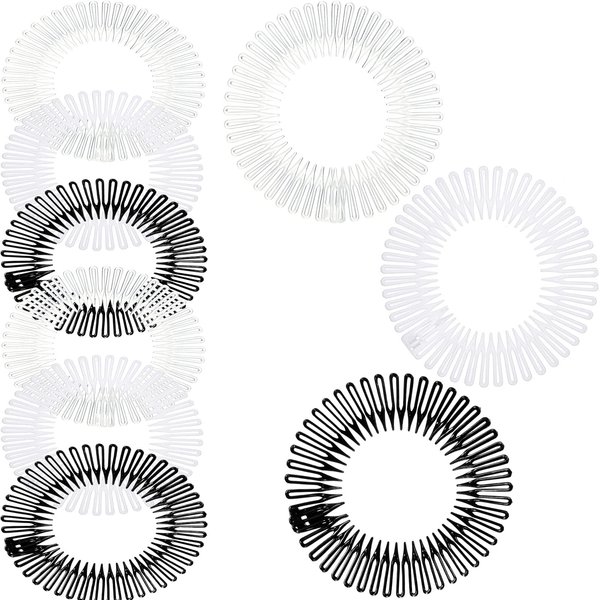 9 Pieces Full Circular Stretch Comb Flexible Plastic Circle Comb Stretch Hair Comb Headband Hairband Holder for Women Girls, 3 Colors (Black, White, Clear)