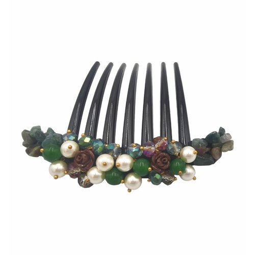 Side Comb Hair Accessories French twist hair comb Ornamented along the top of the heading with Pearl & Stone (Green)