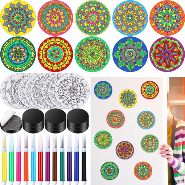 Relaxweex 50 Sets Magnetic Mandala Craft Mandala Painting Kits DIY Mandala Fridge Magnets Mandala Cardstock with Markers for Adults Stress Relieving Painting, Family Activity (Classic Style)
