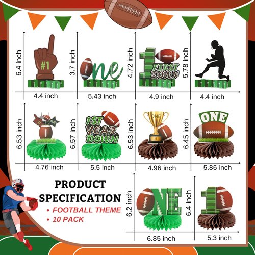 10 Pack Football Party Table Decorations First Year Down Honeycomb Centerpieces Table Topper Sign Decors for Baby Shower 1st Birthday Football Gameday Super Bowl Tailgate Sports Party Supplies