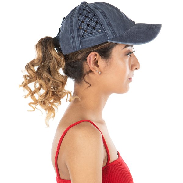 Funky Junque Criss Cross Hat Womens Baseball Cap Distressed Ponytail Messy Bun Trucker Ponycap (Basketweave - Navy)