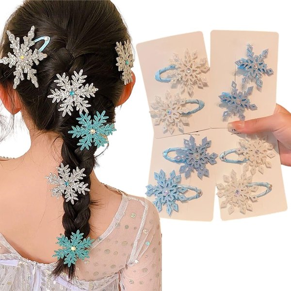 8PCS Snowflake Hair Clip Blue White Christmas Hair Accessories for Women Xmas Bow Hair Clip Festive Snowflake Hairpins Holiday Hair Accessory Party Gifts