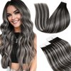 LaaVoo Ombre Tape in Hair Extensions Human Hair 16 Inch Hair Extensions Tape in Balayage Natural Black to Grey Silver Tape in Extensions Human Hair Seamless Silky Straight 20pcs 50grams