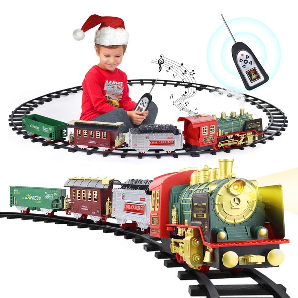 Train Set for Boys Girls, Christmas Electric Remote Control Train Set with Steam, Sound & Light, Remote Control Train Toys w/Steam Locomotive Engine, Cargo Cars for Kids Boys 3 4 5 6 7 8 Year Old