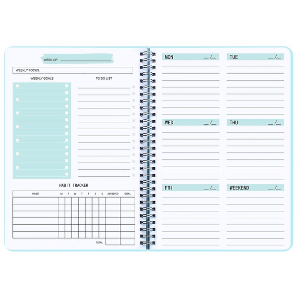 Undated Weekly Goals Notebook, A5 To Do List Planner with Spiral Binding, 5.7 x 8.0 inches