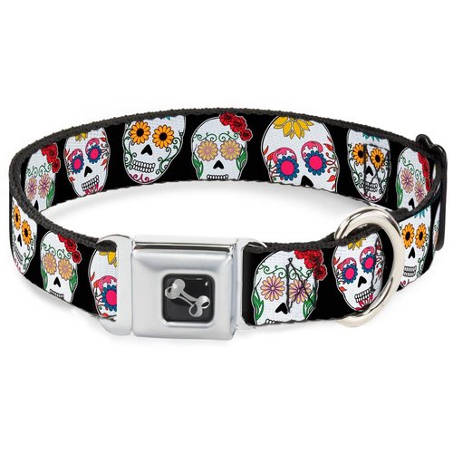 Buckle-Down Dog Collar Seatbelt Buckle Staggered Sugar Skulls Close Up Black Multi Color 9 to 15 Inches 1.0 Inch Wide