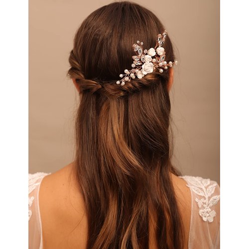 YERTTER Floral Wedding Hair Pins for Brides and Bridesmaids Flower Rose Bridal Clips Boho Crystal Rhinestones Decorative Hair Pieces for Women Girls (Rose Gold)