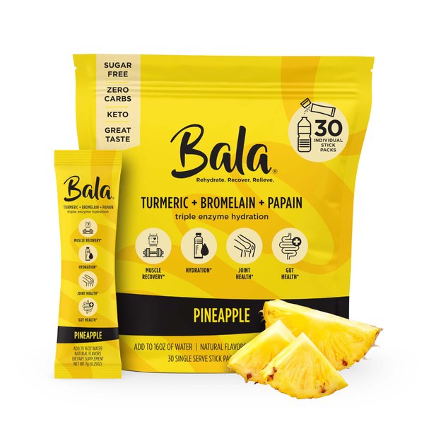 BALA Hydration Turmeric Drink Mix Packet | Sugar-Free Electrolyte Powder, Muscle Recovery, Immune Support, Joint Relief | Plant-Based Enzymes, Bromelain - Pineapple (30 Pack)