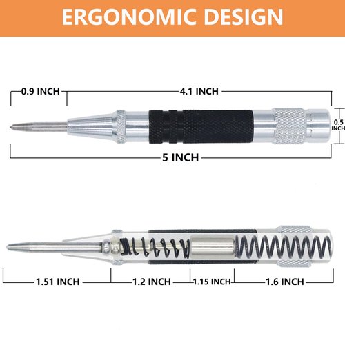 2-Piece Automatic Center Punch, 5 inch Spring Loaded Center Hole Punch with Adjustable Stroke Punch Tool for Metal Wood Glass Plastic, Metal Punch Tool for Woodworking