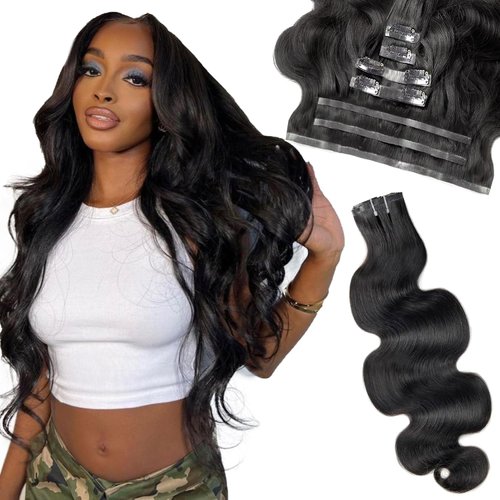 Liqusee Seamless Clip In Hair Extensions Real Human Hair Invisible PU Skin Weft Body Wave Clip Ins 100% Unprocessed Brazilian Remy Human Hair Extensions 7pcs with 16Clips 110g（Natural Black,20 inch）