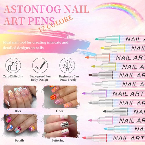 ASTONFOG 12PCS Nail Art Pens Set,3D Nail Polish Pens Quick Dry for Nail Art Macaron Color Nail Art Drawing Special Nails Art Design Manicure Nail Pens for Home & Salon DIY (0.7)