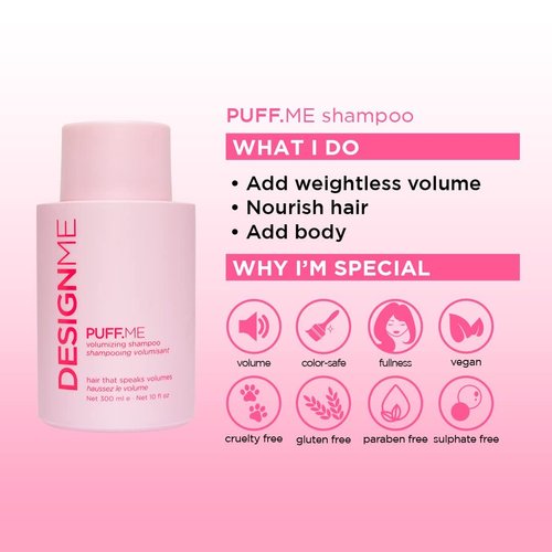 PUFF.ME Volumizing Shampoo by DESIGNME | Adds Body, Bounce & Volume for Fuller, Thicker Hair| For Fine & Medium Hair | Boosts Shine | Color-Safe, Lightweight Formula | Vegan, Paraben & Sulfate Free