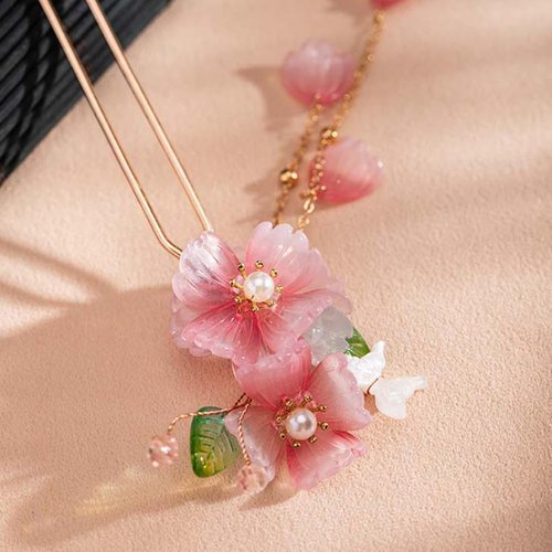 1 pcs Rabithenn Pink Peach Blossom with Leaves and Tassel Hairpin Chinese Hanfu Style Hair Fork Resin Handmade Hair Clip for Women Girls Long Hair