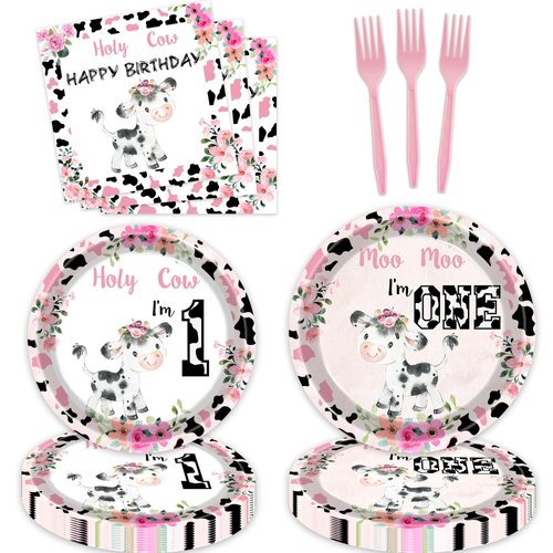 51pcs Holy Cow I'm One Girls Birthday Party Supplies Moo Moo I'm One Tablecloth Paper Plates Napkins Forks Dinnerware for Farm Animals Cow Theme Baby Shower 1st Birthday Party Supplies Decorations