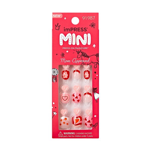 KISS imPRESS No Glue Mani Press-On Nails, Design, Playground', Medium Red, Kids Size, Squoval Shape, Includes 30 Nails, Prep Pad, Instructions Sheet, 1 Manicure Stick, 1 Mini File