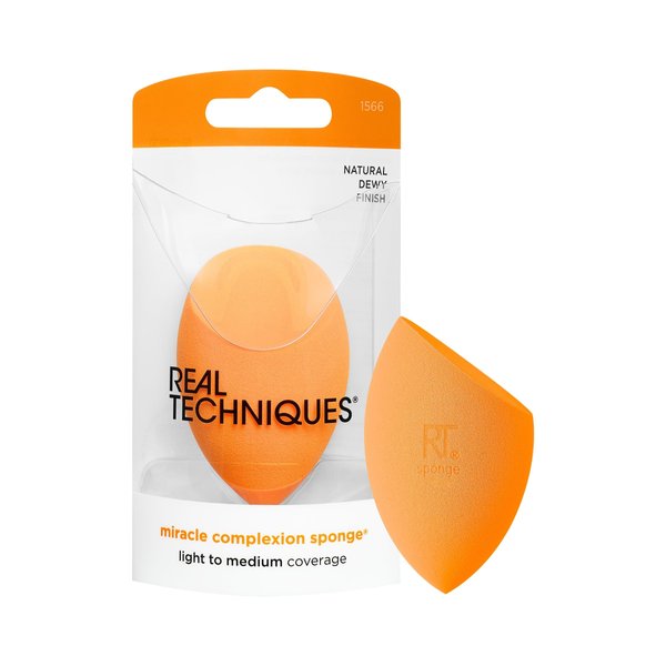 Real Techniques Miracle Complexion Sponge, Makeup Blending Sponge, For Liquid & Cream Foundation, Offers Light To Medium Coverage, Natural, Dewy Makeup, Orange Sponge, Latex-Free Foam, 1 Count