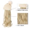 Qlenkay Beanie Hat with Long Wavy Curly Hair Extensions Knit Khaki Cap Attached 20inch Synthetic Wig Detachable Hairpiece Warm Pom for Women Winter Ash Blonde Mix Bleach Blonde