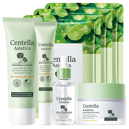 Centella Skin Care Sets & Kits - Cleanser- Serum- Cream- Eye Cream- Mask*3 for Moisturizing