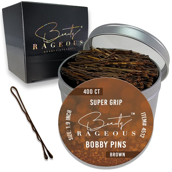 Super Grip Bobby Pins - Brown (Approx. 400 Count) - Womens Bobby Pins 1.9 Inch - Easy, Secure, All Hair Types - Handy Reusable Tin