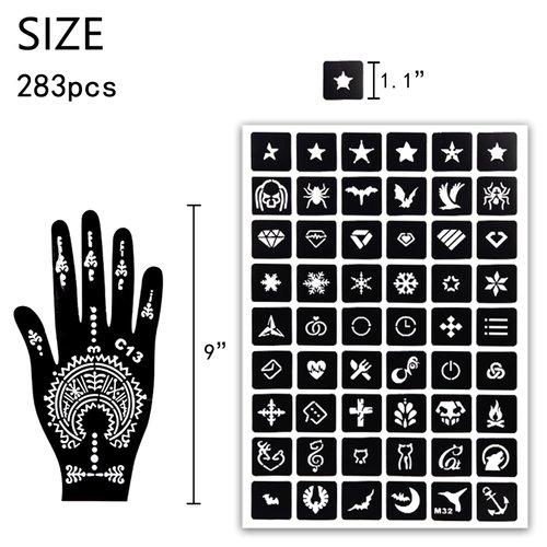 MCPINKY 283PCS Henna Tattoo Stencil Kit, 12 Sheets Temporary Glitter Semi Permanent Tattoo for Women and Girls Arabian Realistic Tattoo Stickers Airbrush Face Paint Body Art
