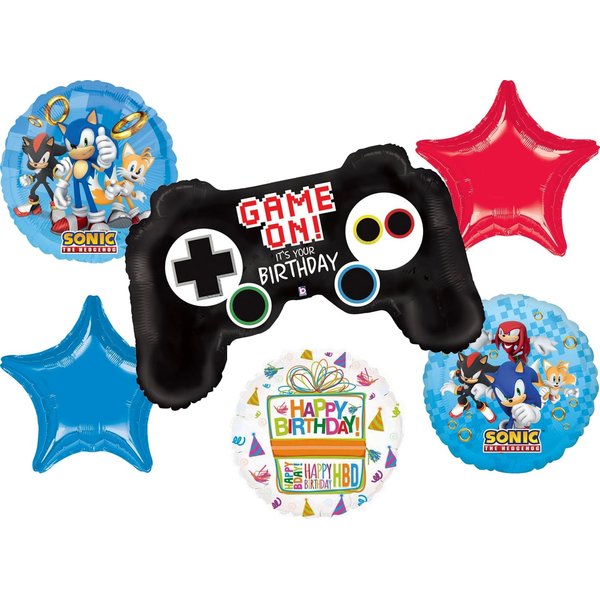 Anagram Sonic Birthday Party Supplies Video Gamers Controller Hedgehog Foil Balloon Bouquet Decorations 6pc