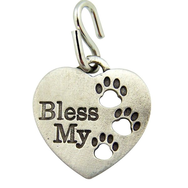 Pewter Heart Shape Bless My Pet Dog Cat Collar Charm with Paw Prints, 1 Inch