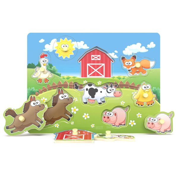 Wooden Peg Puzzle, Farm Chunky Baby Puzzles, Full-Color Pictures Wood Shape Puzzle Peg Board, Animal Knob Puzzle for Educational Toddlers 18Months and up, 8 Pieces