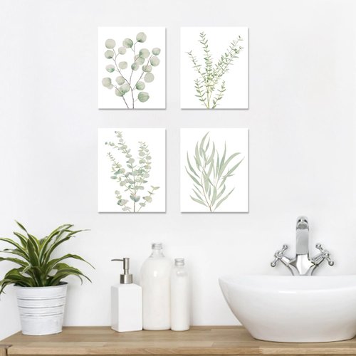 Erctoo Botanical Plant Canvas Wall Art, Framed Boho Wall Decor for Bathroom, Minimalist Aesthetic Bedroom Wall Art, Sage Green Eucalyptus Leaf Prints for Office, Set of 4PCS, 8”X10”