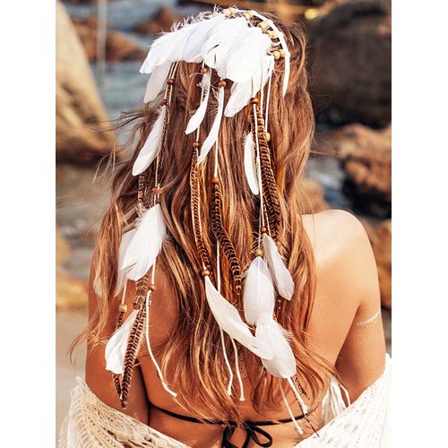 CAKURE Hippie Headbands White Feather Headband Gypsy Costume Headwear Indian Headpieces Bridal Hair Band Headdress Wedding Feather Hair Accessories for Women and Gilrs (Type2)