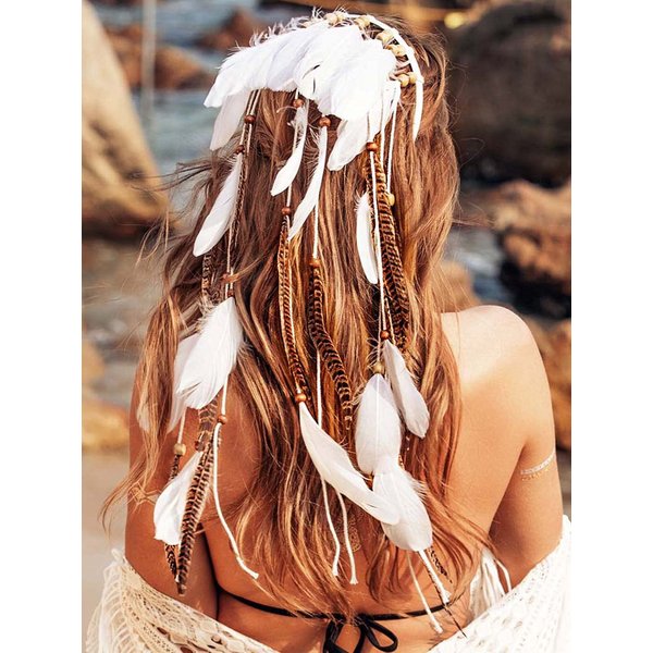 CAKURE Hippie Headbands White Feather Headband Gypsy Costume Headwear Indian Headpieces Bridal Hair Band Headdress Wedding Feather Hair Accessories for Women and Gilrs (Type2)