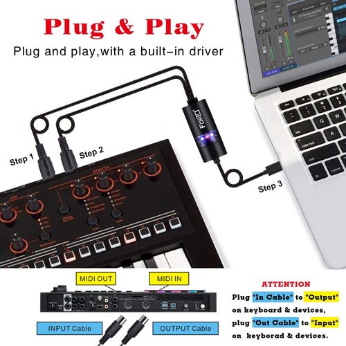 FORE Type-C to MIDI Interface MIDI Cable Adapter with Input&Output Connecting with Keyboard/Synthesizer for Editing&Recording Track Work with Windows/Mac OS for Studio Type-C Color Balck - 6.5Ft