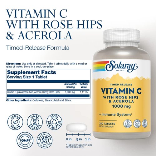 SOLARAY Vitamin C w/Rose Hips & Acerola | 1000mg | Two-Stage Timed-Release Healthy Immune Function, Skin, Hair & Nails Support | Non-GMO | 250ct