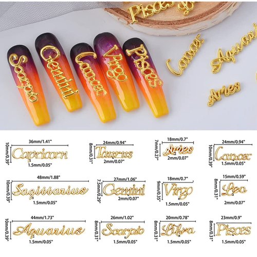 DANNEASY 36pcs Zodiac Nail Charms Nail Letter Charms Nail Rhinestones Gems Alloy Nail Jewels 3D Nail Art Charms Virgo Leo Aries Taurus Gemini Capricorn Nail Decoration Jewelry for Acrylic Nails