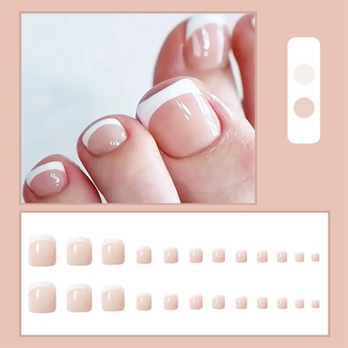 White French Tips Toenails Press on Toenails: Short Square Fake Toe Nails Kit: Full Cover False Toe Nails Glossy Acrylic Glue Stick on Toenails for Women - 24Pcs