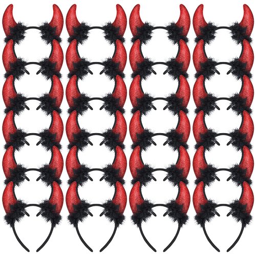 XunYee 24 Pcs Red Glitter Devil Horns Headband Bulk Devil Ears Devil Costume Accessories for Women Men Halloween Costume Dress Cosplay Party Favors