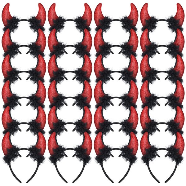 XunYee 24 Pcs Red Glitter Devil Horns Headband Bulk Devil Ears Devil Costume Accessories for Women Men Halloween Costume Dress Cosplay Party Favors