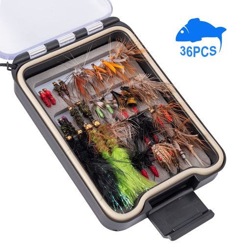 Ansnbo 36PCS Fly Fishing Flies Kit, Hand Tied Trout Bass Fly Assortment with Fly Box, Dry Wet Nymph Flies Streamers Fly Fishing Gear Gift