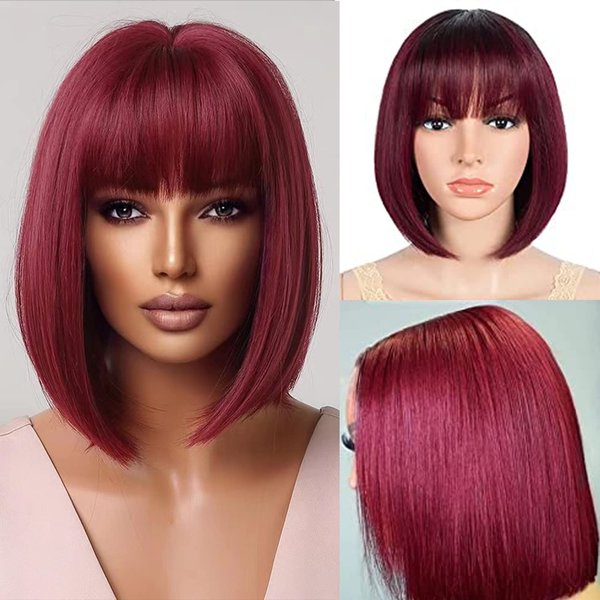 Lusina Short Bob Wigs With Bangs Human Hair Wig For Black Women Brazilian None Lace Front Wigs Machine Made Bob Wigs 150% Density 10 Inch. (10 inch, 99J)