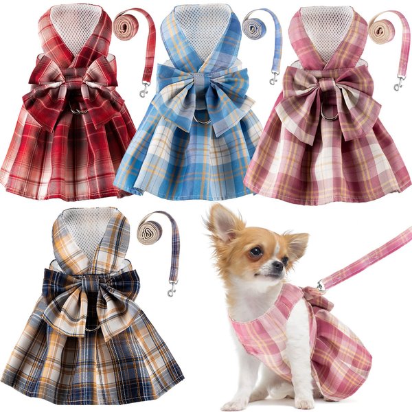 Potchen 4 Pcs Plaid Dog Dress Bow Tie Harness Leash Set Harness Dress for Small Dogs Cute Dog Pet Girl Puppy Summer Clothes for Female Summer Bunny Rabbit Clothes Yorkie Chihuahua Training Walking (S)
