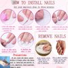 RUOKEXIN Almond Press on Nails Medium Fake Nails Pink False Nails with 3D Pink Flower Designs Nail Press ons French Tip Handmade Acrylic Artificial Nails Summer Natural Stick on Nails for Women 24Pcs