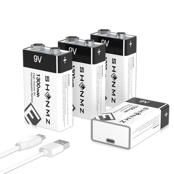 9V Rechargeable Batteries, USB 9 volt lithium batteries, 1300mAh [11700 mWh] Long Lasting Li-ion 9V volt Battery for smoke alarms, Multimeters, Microphones, walkie-Talkie,Toys,Guitar,Keyboard -4 Pack