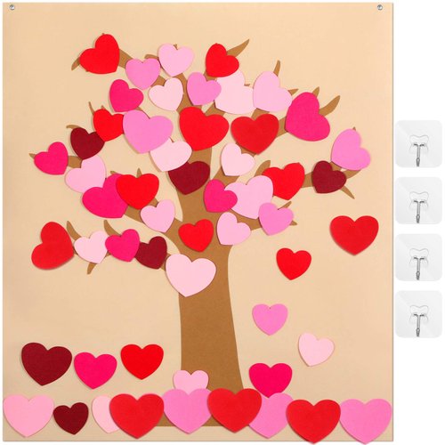 Boao 50 Pieces Detachable Heart Ornaments DIY Felt Valentine Tree Set with 4 Transparent Wall Hooks Valentine's Day Hanging Decoration Door Wall Valentine Party Favors Supplies Fun DIY Toys