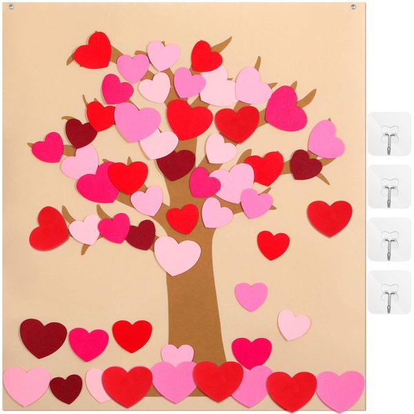 Boao 50 Pieces Detachable Heart Ornaments DIY Felt Valentine Tree Set with 4 Transparent Wall Hooks Valentine's Day Hanging Decoration Door Wall Valentine Party Favors Supplies Fun DIY Toys