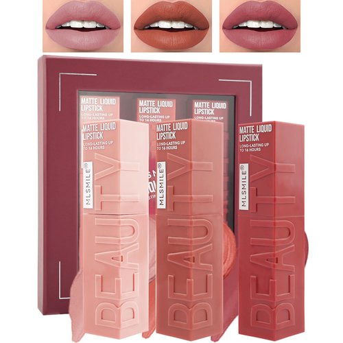 Matte Liquid Lipstick Kit-3Pcs High Pigmented Lip Tint Stain,Super Matte Velvet Tinted Lip Gloss,Up to 16H Wear Lipgloss,Long Lasting Waterproof Non-Stick Cup Lipstain, Makeup Gift for Women-Set A