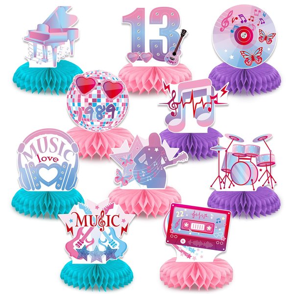 Konsait 10 PCS Music Themed Party Decorations Girls Singer Honeycomb Centerpieces Birthday Centerpieces for Tables Kids' Party Centerpieces Birthday Table Decoration for Party Decor Supplies